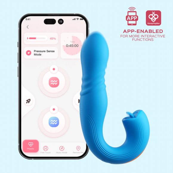 JOI THRUST 2 Pressure Sensing App Controlled Thrusting G-spot Vibrator & Tongue Clit Licker - Blue